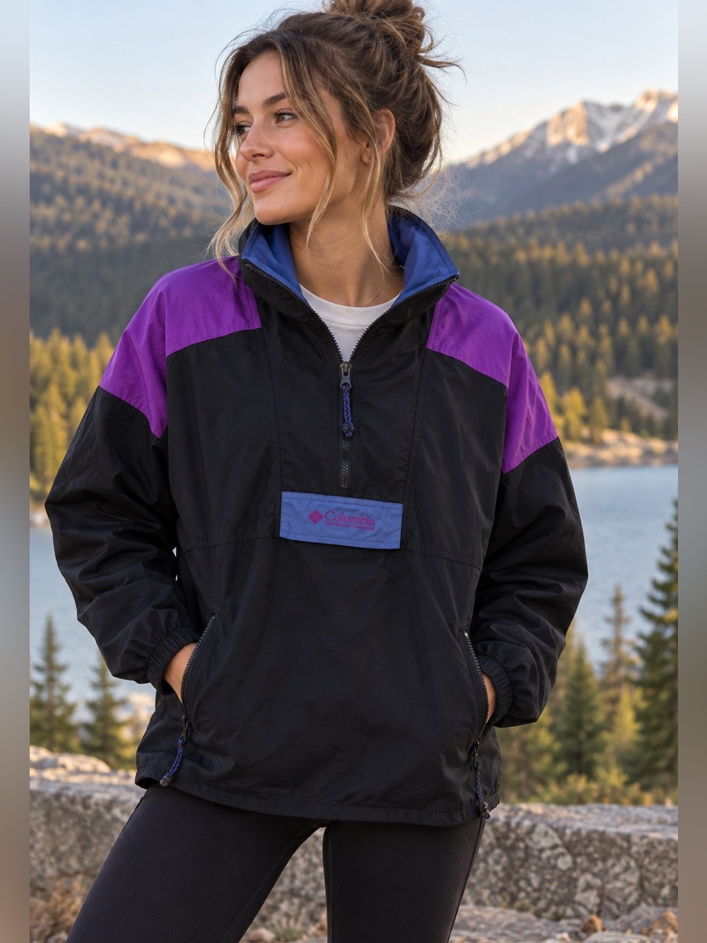 Vintage Columbia Sportswear Colorblock Pullover Jacket Large 90s Purple Black